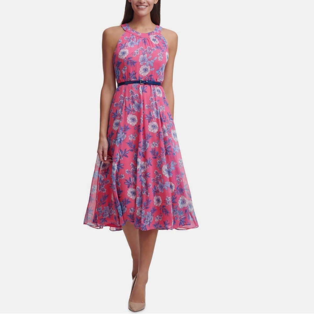 Tommy Hilfiger Floral Print Pink Blue Chiffon Sleeveless Summer Midi Dress 16
